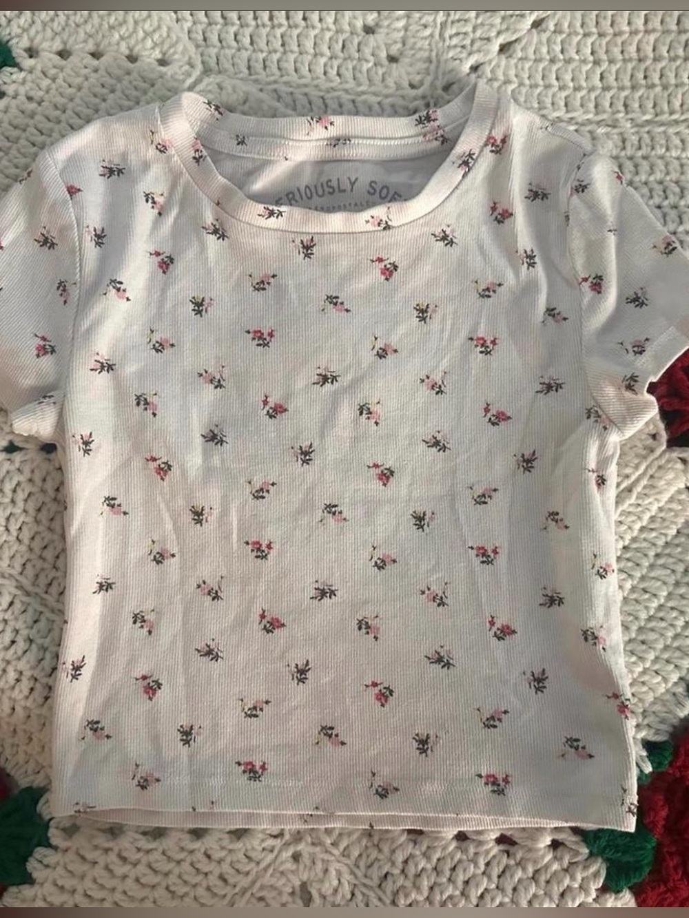 Aeropostale Cream Short-Sleeve Tee with Pink Floral Sprigs